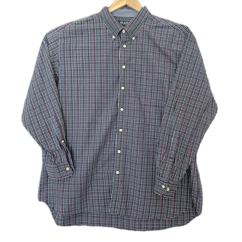Mens Button Up Long Sleeve Shirt Size 4XL Classic fit Blue Plaid Business Travel